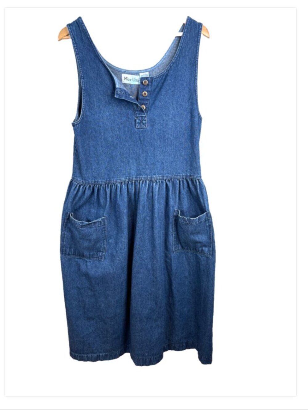 VTG 90s Mizz Lizz Sleeveless Denim Jumper Midi Dress 12 Pockets Buttons Cottage